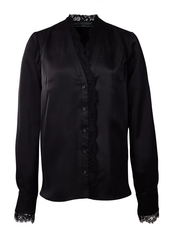 Holland Cooper Shirts and Blouses Women Lace VNeck Blouse Black Satin Holland Cooper Shirts and Blouses Women Lace VNeck Blouse Black Satin