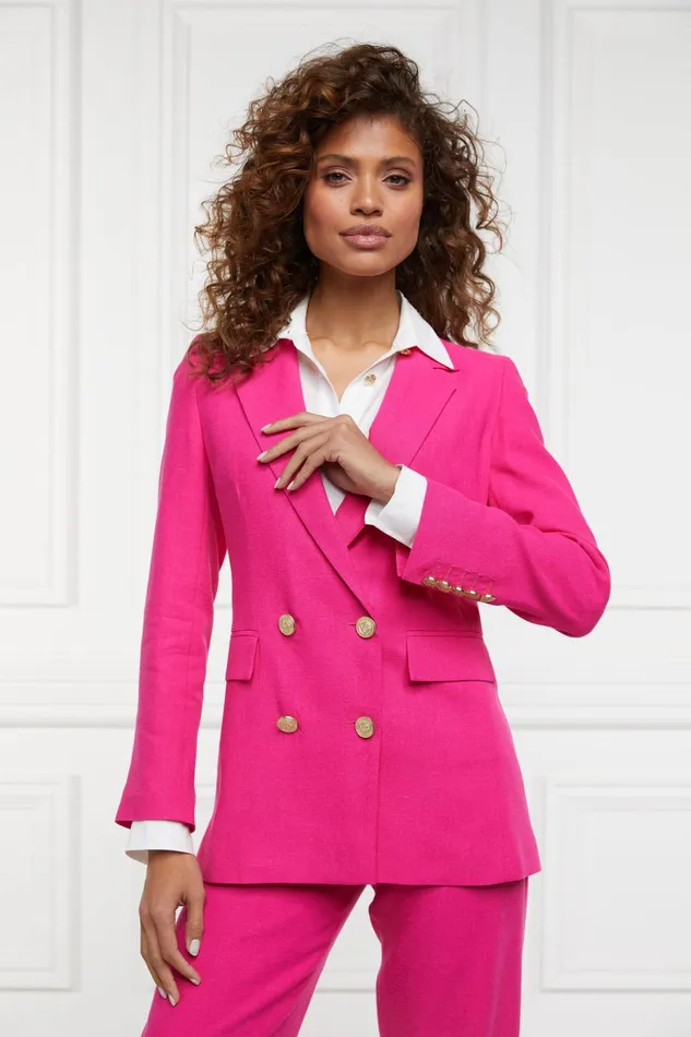 Holland Cooper Tailoring Women Double Breasted Blazer Hot Pink Linen