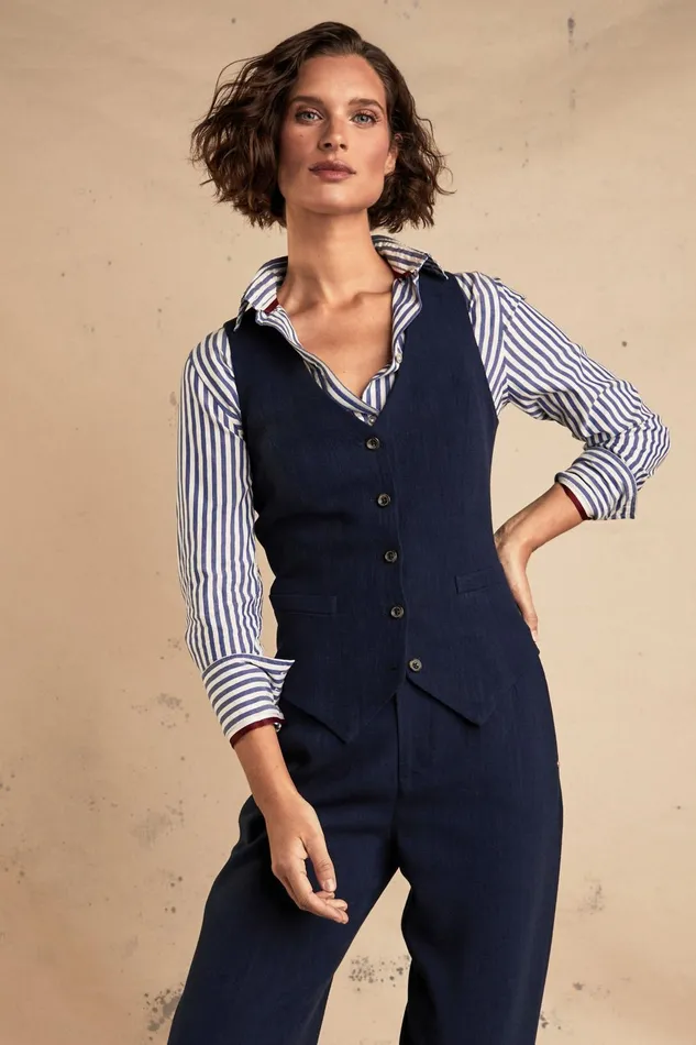 Holland Cooper Tailoring Women Hampton Waistcoat Navy Linen
