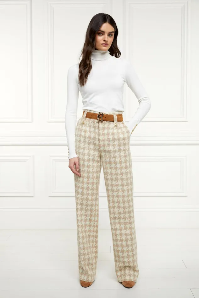Holland Cooper Tailoring Women High Waisted Straight Trouser Camel Houndstooth