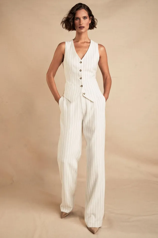 Holland Cooper Tailoring Women High Waisted Straight Trouser Oyster Linen Pinstripe