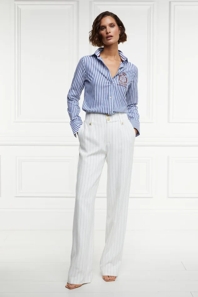 Holland Cooper Tailoring Women High Waisted Straight Trouser Oyster Linen Pinstripe Holland Cooper Tailoring Women High Waisted Straight Trouser Oyster Linen Pinstripe