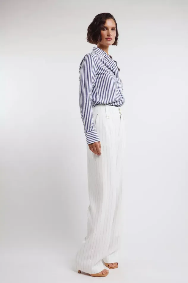 Holland Cooper Tailoring Women High Waisted Straight Trouser Oyster Linen Pinstripe Holland Cooper Tailoring Women High Waisted Straight Trouser Oyster Linen Pinstripe