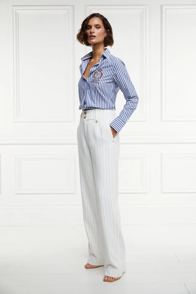 Holland Cooper Tailoring Women High Waisted Straight Trouser Oyster Linen Pinstripe Holland Cooper Tailoring Women High Waisted Straight Trouser Oyster Linen Pinstripe