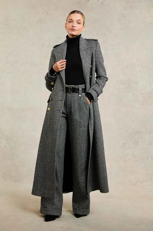 Holland Cooper Tailoring Women High Waisted Wide Leg Trouser Wide Tooth Black Herringbone Holland Cooper Tailoring Women High Waisted Wide Leg Trouser Wide Tooth Black Herringbone