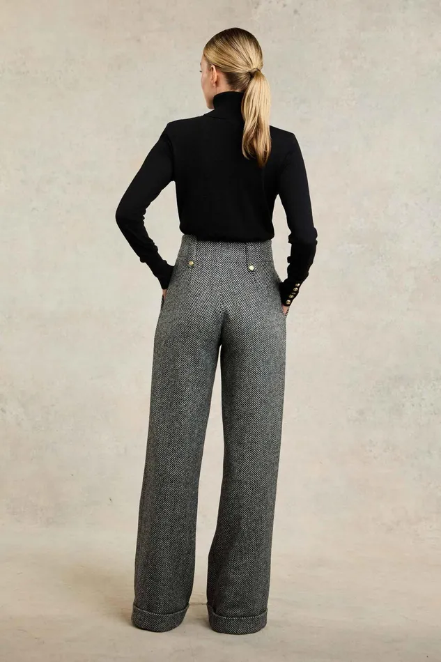 Holland Cooper Tailoring Women High Waisted Wide Leg Trouser Wide Tooth Black Herringbone Holland Cooper Tailoring Women High Waisted Wide Leg Trouser Wide Tooth Black Herringbone