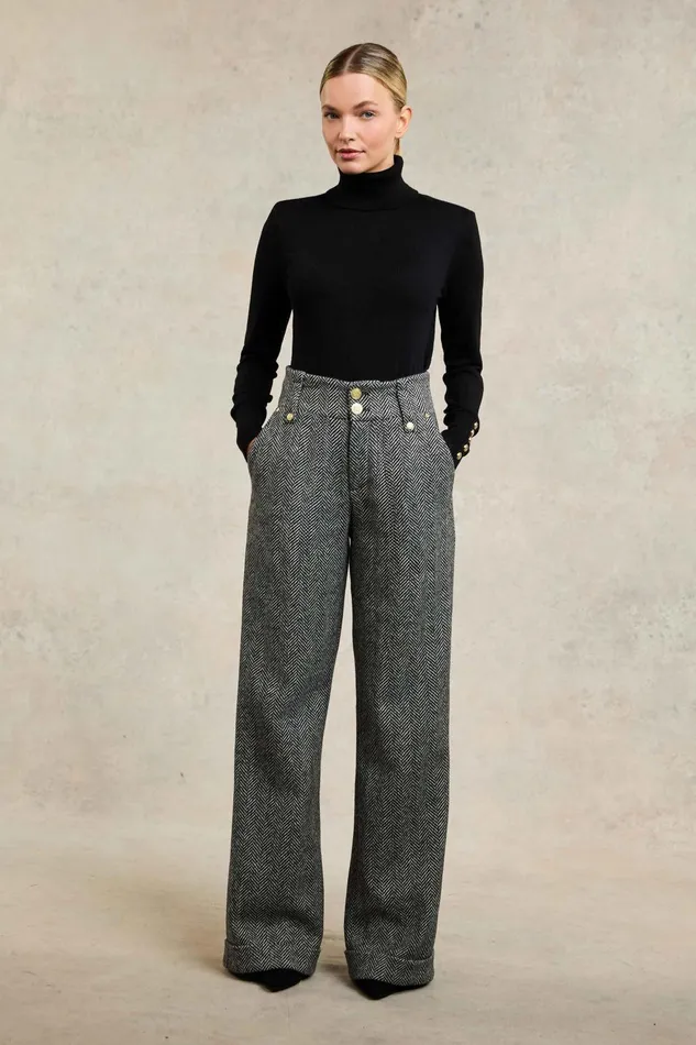 Holland Cooper Tailoring Women High Waisted Wide Leg Trouser Wide Tooth Black Herringbone Holland Cooper Tailoring Women High Waisted Wide Leg Trouser Wide Tooth Black Herringbone
