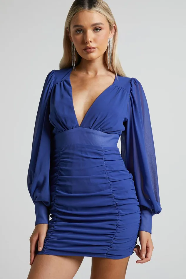 Hollis Mini Dress 8211 Ruched Long Sleeve Plunge Neck Dress In Cobalt Women Showpo Dresses
