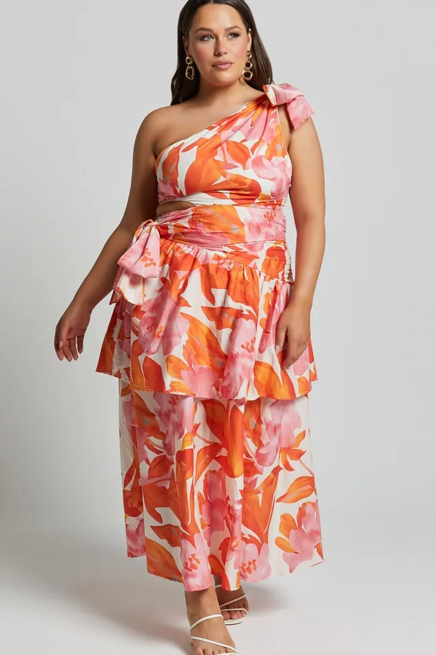 Honolulu Midi Dress 8211 One Shoulder Tiered Dress In Orange Floral Women Showpo Dresses