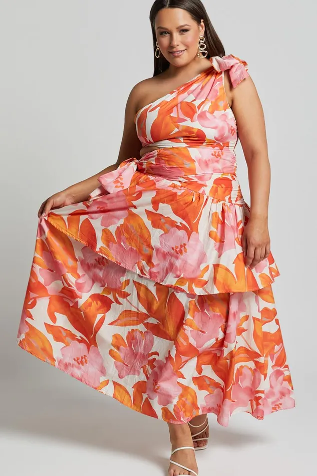 Honolulu Midi Dress 8211 One Shoulder Tiered Dress In Orange Floral Women Showpo Dresses