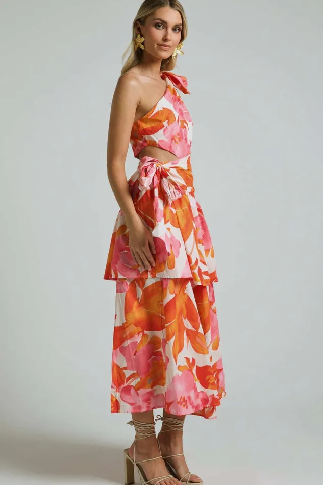 Honolulu Midi Dress 8211 One Shoulder Tiered Dress In Orange Floral Women Showpo Dresses