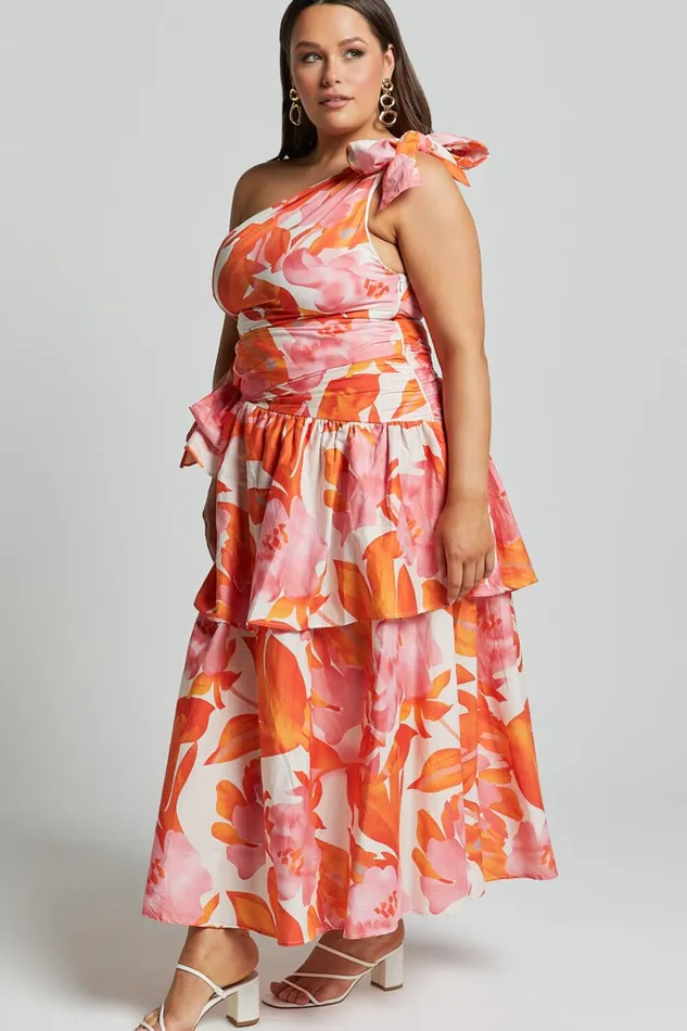 Honolulu Midi Dress 8211 One Shoulder Tiered Dress In Orange Floral Women Showpo Dresses