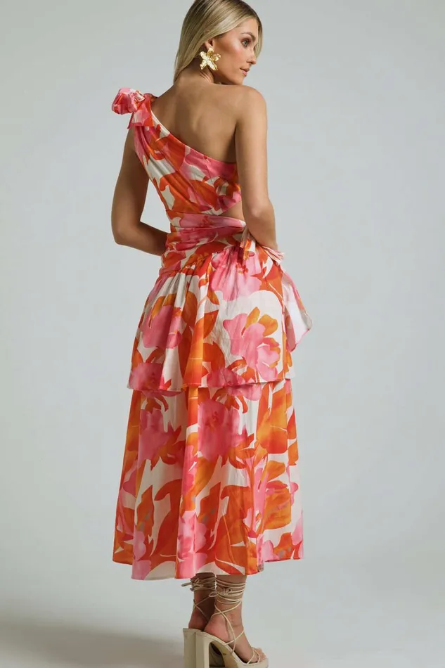 Honolulu Midi Dress 8211 One Shoulder Tiered Dress In Orange Floral Women Showpo Dresses