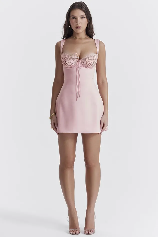 House Of CB AdrianaRose Satin And Lace Mini Dress Rose Women Mini Dresses