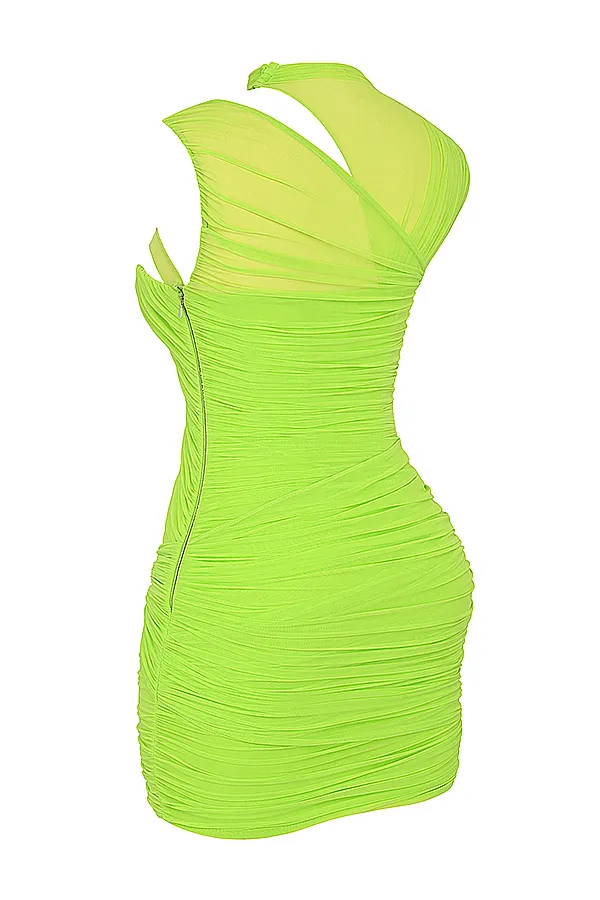 House Of CB AdrieNeon Green Gathered Mini Dress 8211 SALE Neon Women Mini Dresses