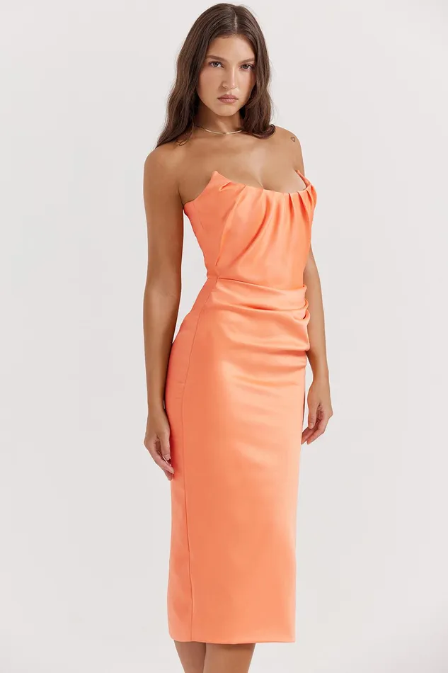 House Of CB AloraTangerine Strapless Corset Midi Dress 8211 SALE Tangerine Women Corset Dresses
