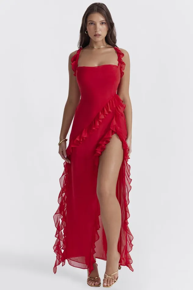 House Of CB ArielaCherry Ruffle Maxi Dress Cherry Women Maxi Dresses