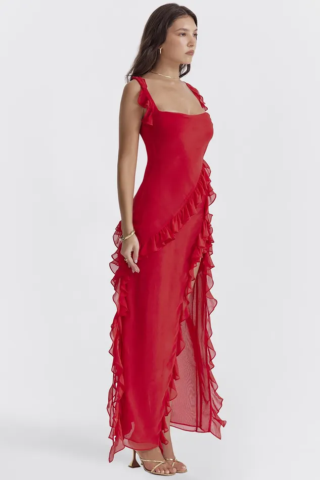House Of CB ArielaCherry Ruffle Maxi Dress Cherry Women Maxi Dresses