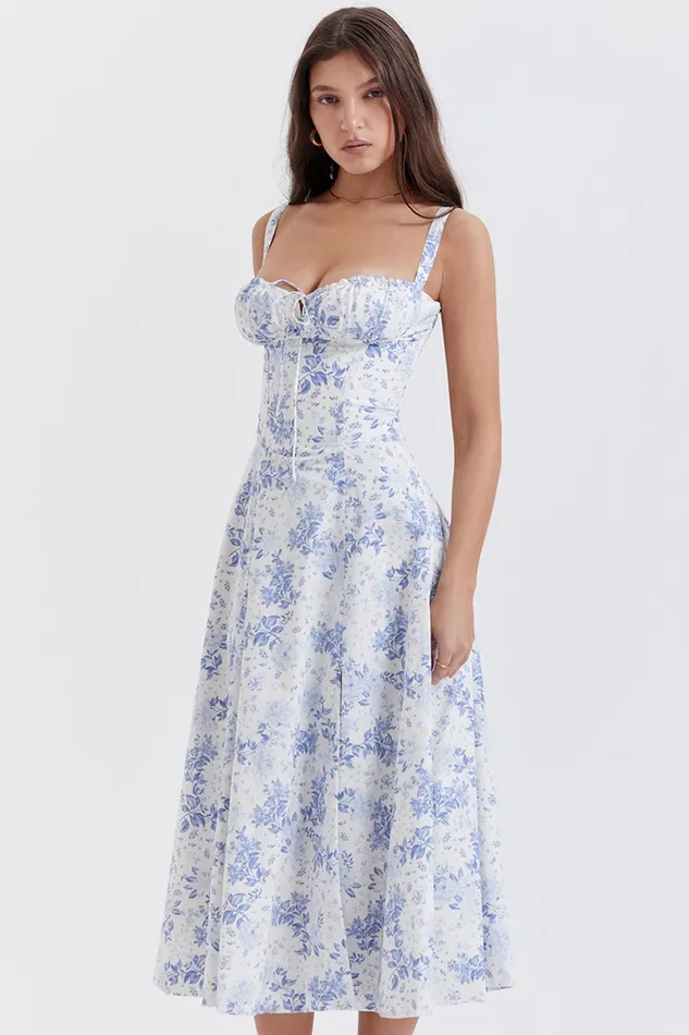 House Of CB CarmenBlue Print Bustier Sundress 8211 SALE Blue Women Corset Dresses