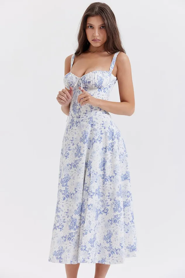 House Of CB CarmenBlue Print Bustier Sundress 8211 SALE Blue Women Corset Dresses
