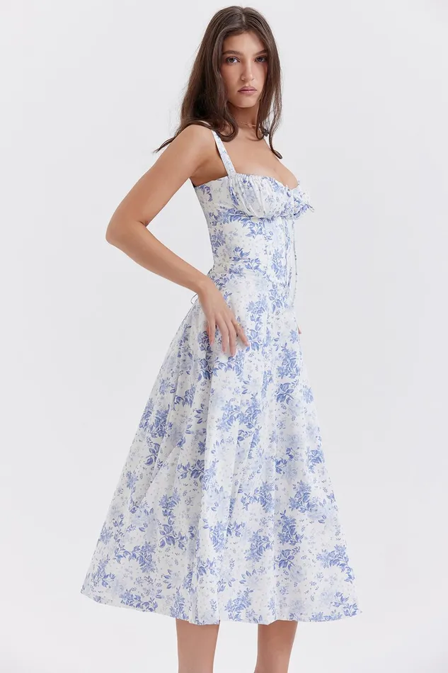 House Of CB CarmenBlue Print Bustier Sundress 8211 SALE Blue Women Corset Dresses