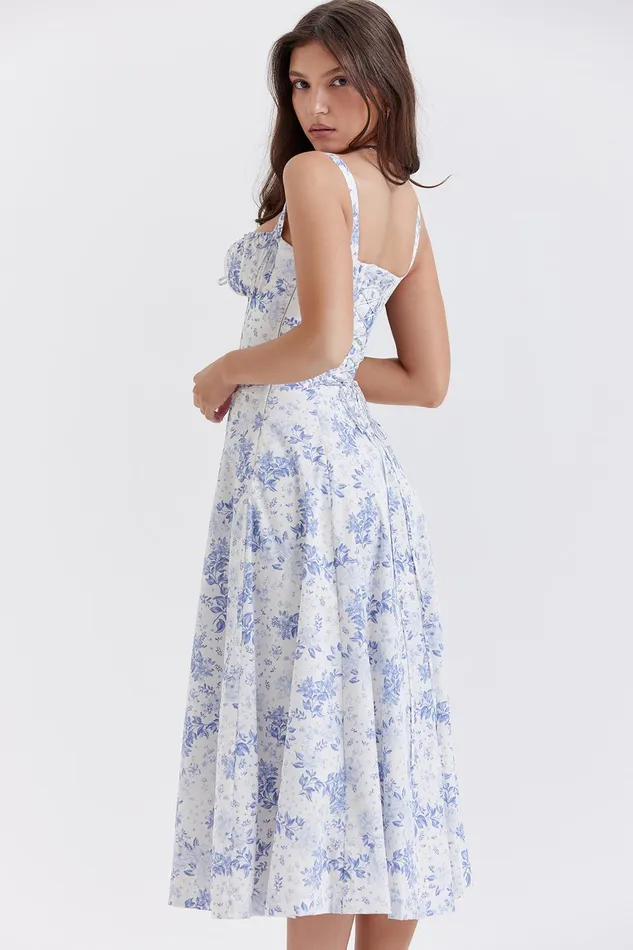 House Of CB CarmenBlue Print Bustier Sundress 8211 SALE Blue Women Corset Dresses