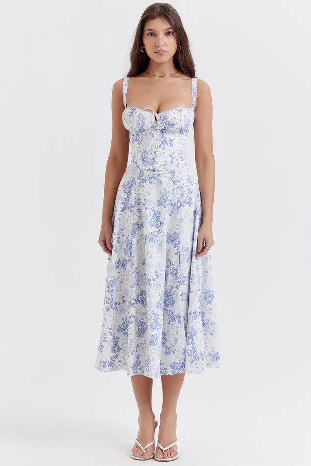 House Of CB CarmenBlue Print Bustier Sundress 8211 SALE Blue Women Corset Dresses