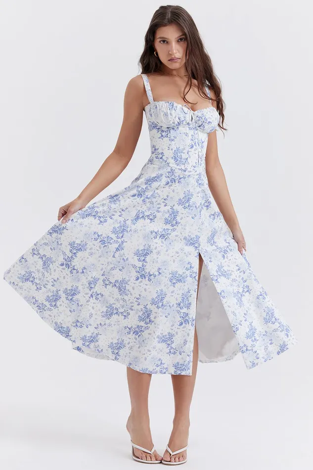 House Of CB CarmenBlue Print Bustier Sundress 8211 SALE Blue Women Corset Dresses