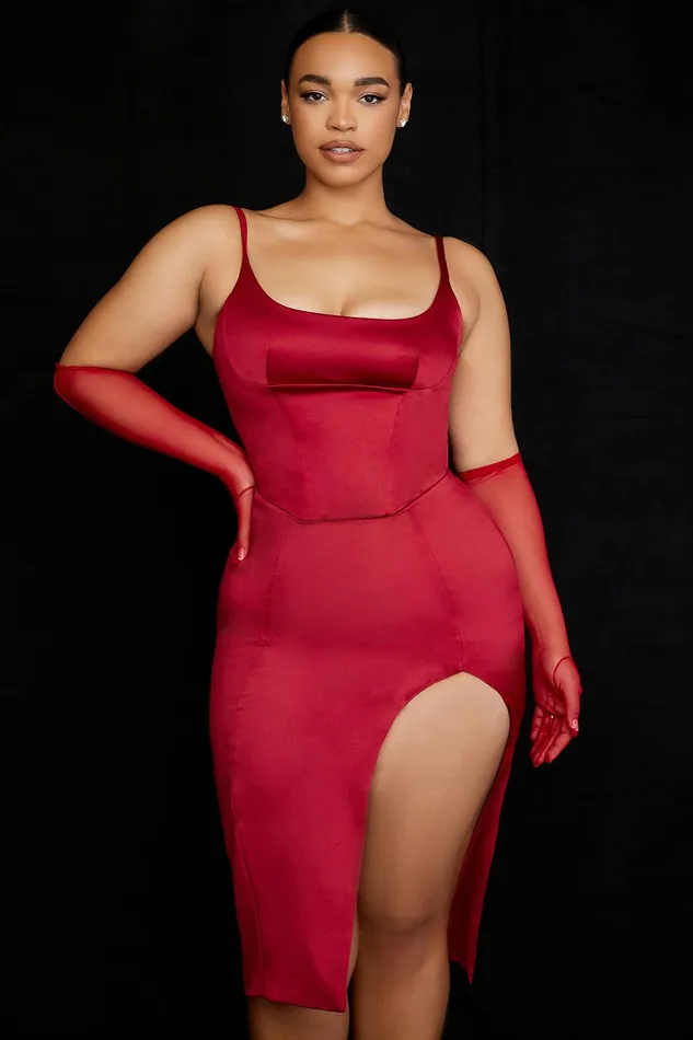 House Of CB CasimiraWine Satin Corset Midi Dress 8211 SALE Wine Women Bodycon Dresses