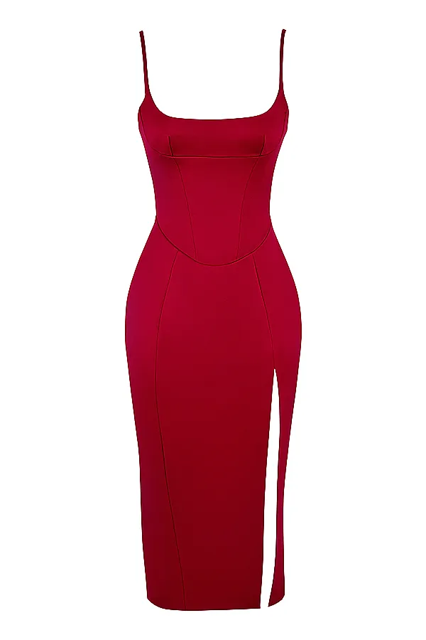 House Of CB CasimiraWine Satin Corset Midi Dress 8211 SALE Wine Women Bodycon Dresses