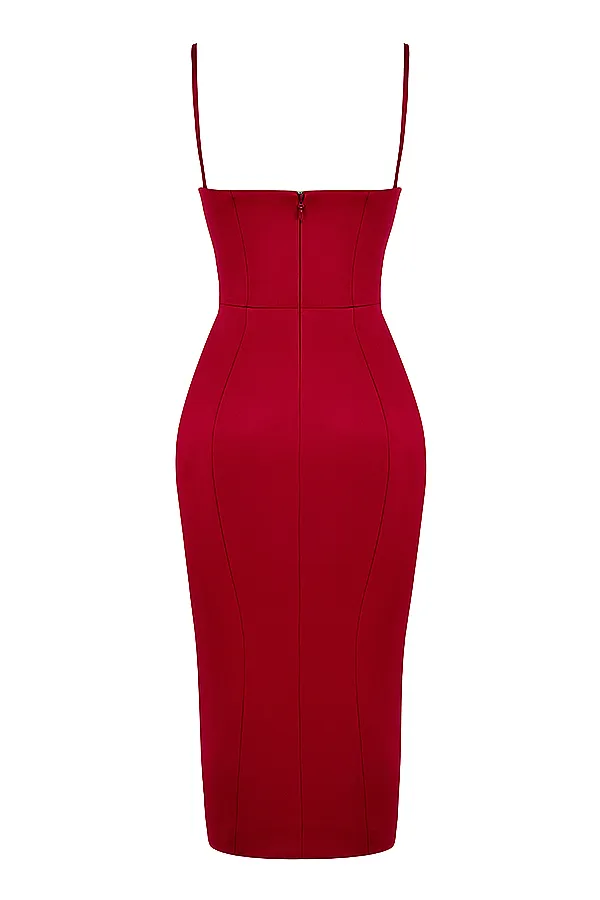 House Of CB CasimiraWine Satin Corset Midi Dress 8211 SALE Wine Women Bodycon Dresses