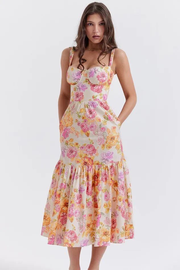 House Of CB EliaIvory Floral Midi Sundress Ivory Women Corset Dresses