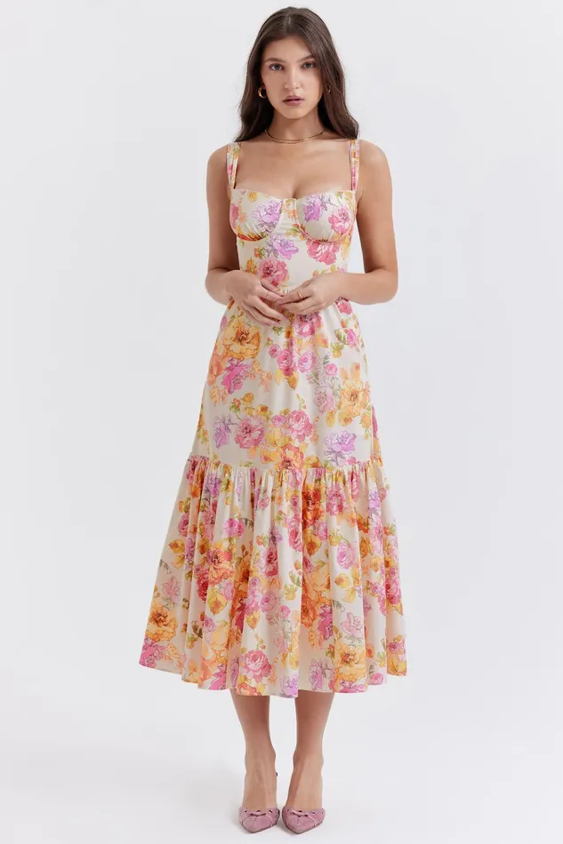 House Of CB EliaIvory Floral Midi Sundress Ivory Women Corset Dresses