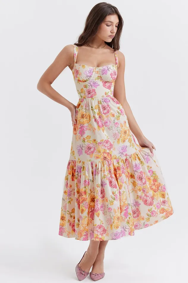House Of CB EliaIvory Floral Midi Sundress Ivory Women Corset Dresses