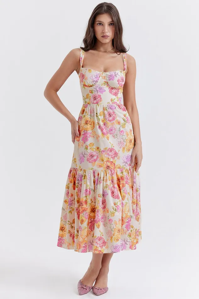House Of CB EliaIvory Floral Midi Sundress Ivory Women Corset Dresses