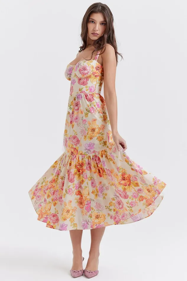 House Of CB EliaIvory Floral Midi Sundress Ivory Women Corset Dresses