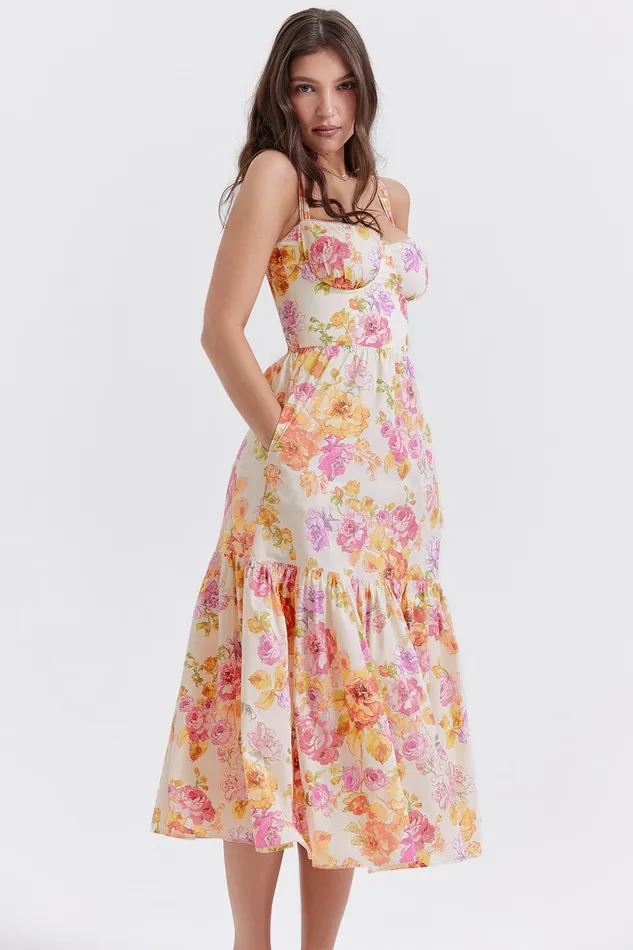 House Of CB EliaIvory Floral Midi Sundress Ivory Women Corset Dresses