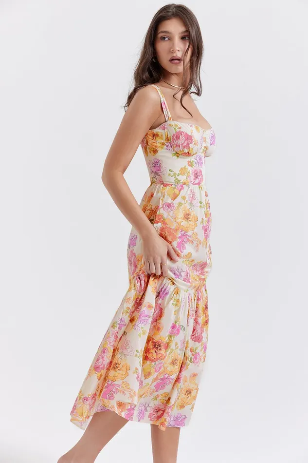 House Of CB EliaIvory Floral Midi Sundress Ivory Women Corset Dresses