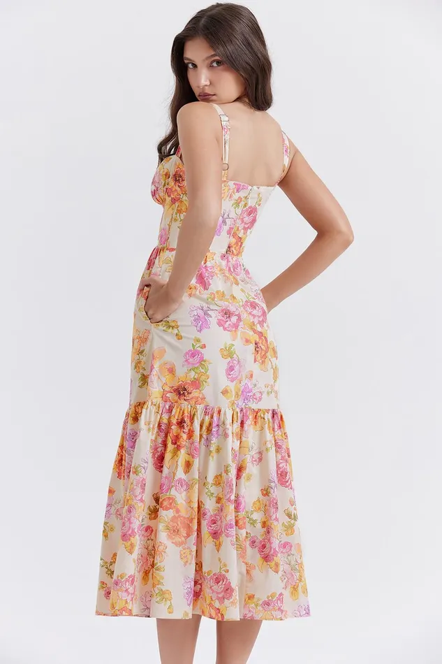 House Of CB EliaIvory Floral Midi Sundress Ivory Women Corset Dresses