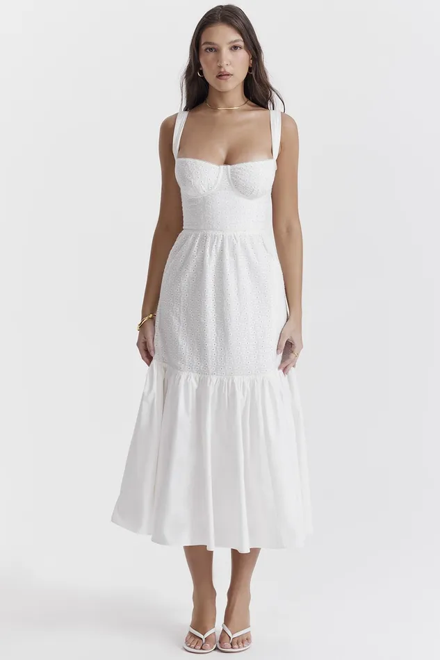 House Of CB EliaWhite Broderie Anglaise Midi Sundress White Women Corset Dresses
