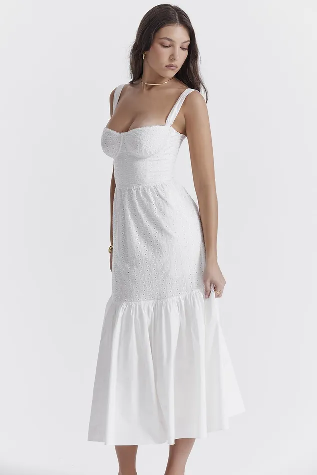 House Of CB EliaWhite Broderie Anglaise Midi Sundress White Women Corset Dresses