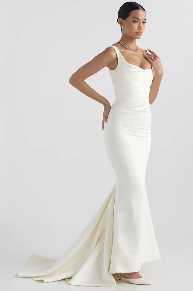 House Of CB EmilieOff White Satin Mermaid Bridal Gown Off Women Maxi Dresses