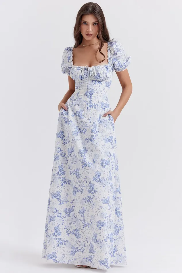 House Of CB FeliziaBlue Print Puff Sleeve Sundress 8211 SALE Blue Women Maxi Dresses