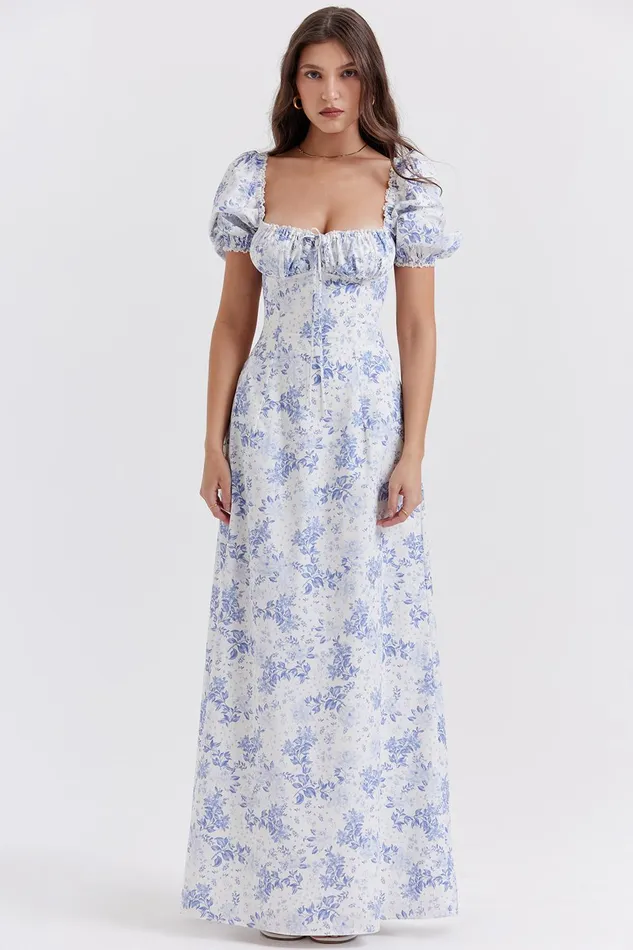 House Of CB FeliziaBlue Print Puff Sleeve Sundress 8211 SALE Blue Women Maxi Dresses