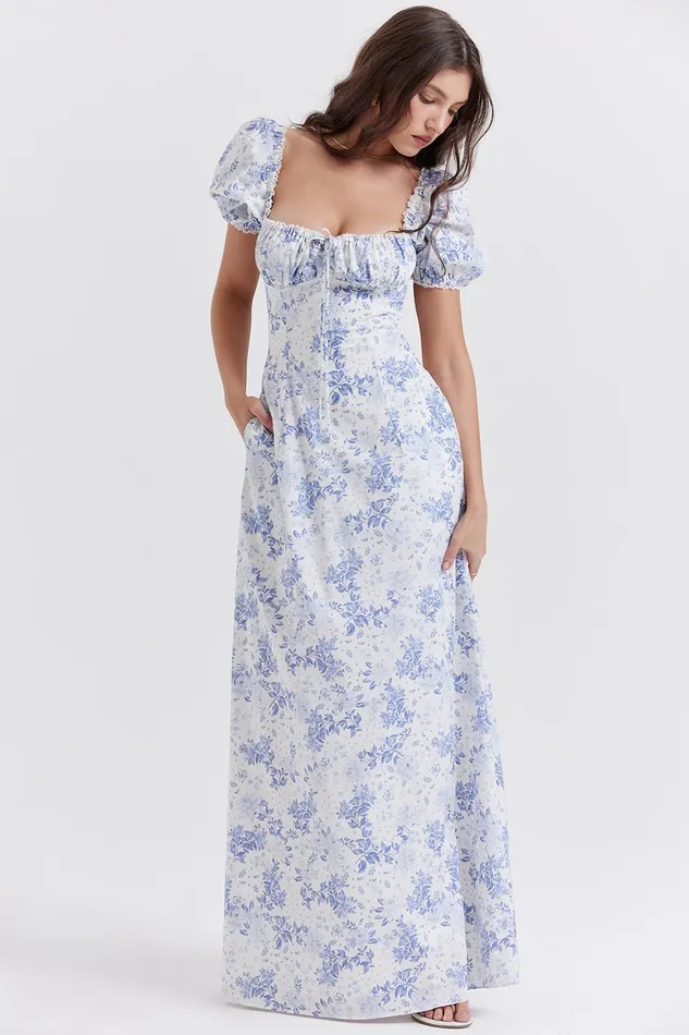 House Of CB FeliziaBlue Print Puff Sleeve Sundress 8211 SALE Blue Women Maxi Dresses