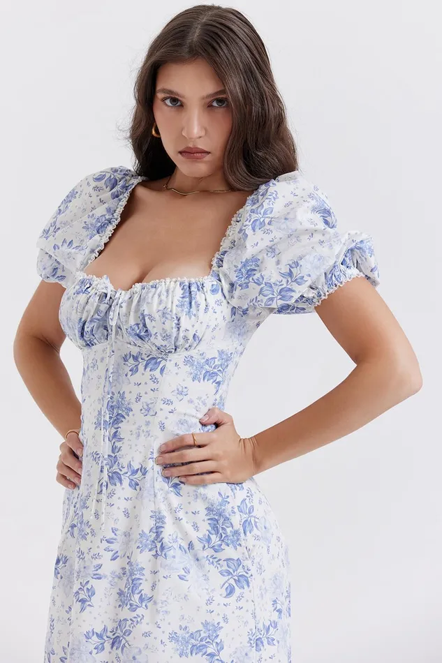 House Of CB FeliziaBlue Print Puff Sleeve Sundress 8211 SALE Blue Women Maxi Dresses