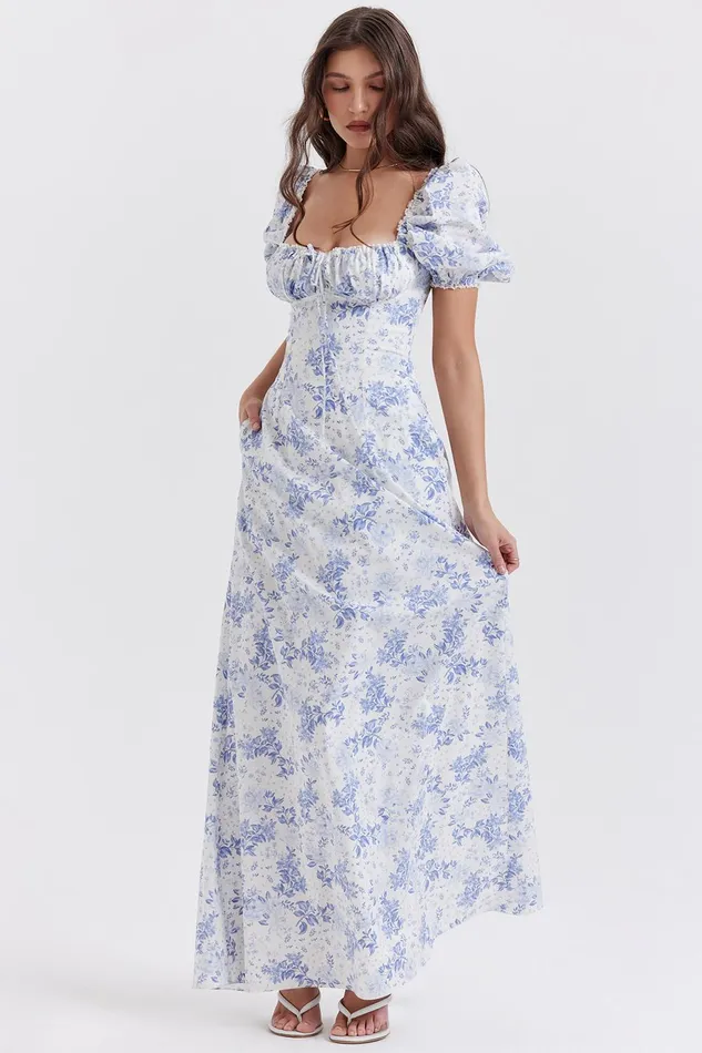 House Of CB FeliziaBlue Print Puff Sleeve Sundress 8211 SALE Blue Women Maxi Dresses