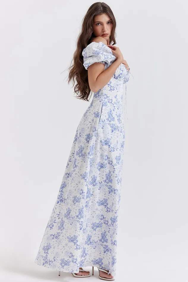 House Of CB FeliziaBlue Print Puff Sleeve Sundress 8211 SALE Blue Women Maxi Dresses