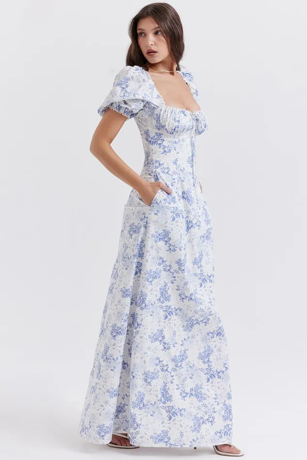 House Of CB FeliziaBlue Print Puff Sleeve Sundress 8211 SALE Blue Women Maxi Dresses