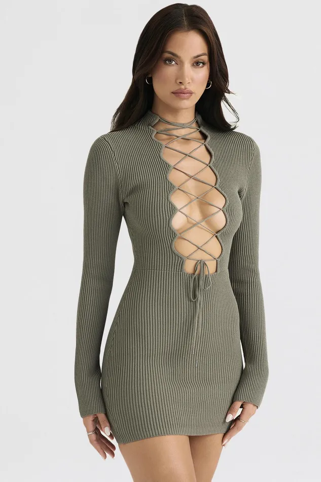 House Of CB JadaArtichoke Knit Lace Up Dress 8211 SALE Artichoke Women Mini Dresses